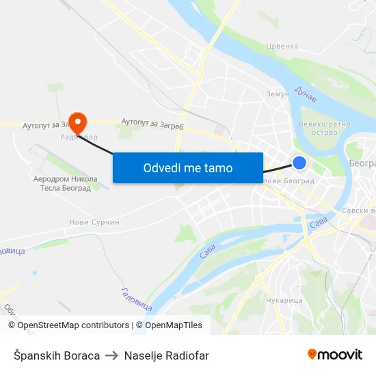 Шпанских Бораца to Naselje Radiofar map