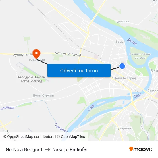Go Novi Beograd to Naselje Radiofar map
