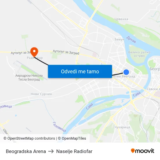 Beogradska Arena to Naselje Radiofar map