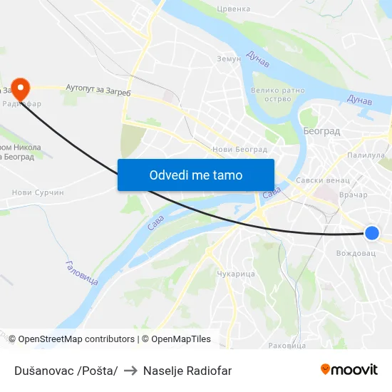 Dušanovac /Pošta/ to Naselje Radiofar map