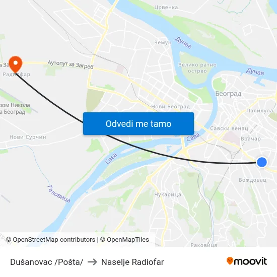 Dušanovac /Pošta/ to Naselje Radiofar map