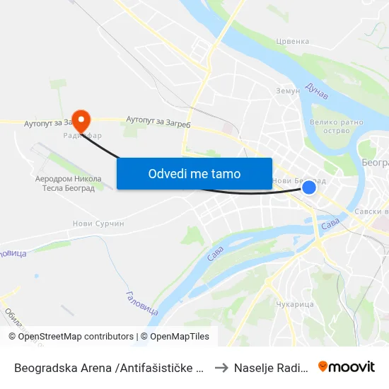 Beogradska Arena /Antifašističke Borbe/ to Naselje Radiofar map