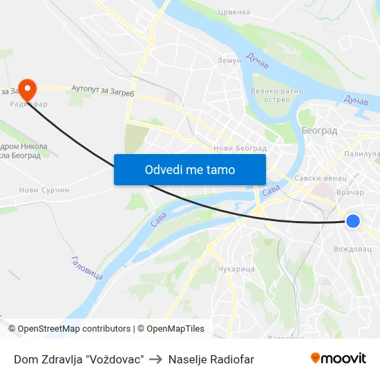 Dom Zdravlja "Voždovac" to Naselje Radiofar map