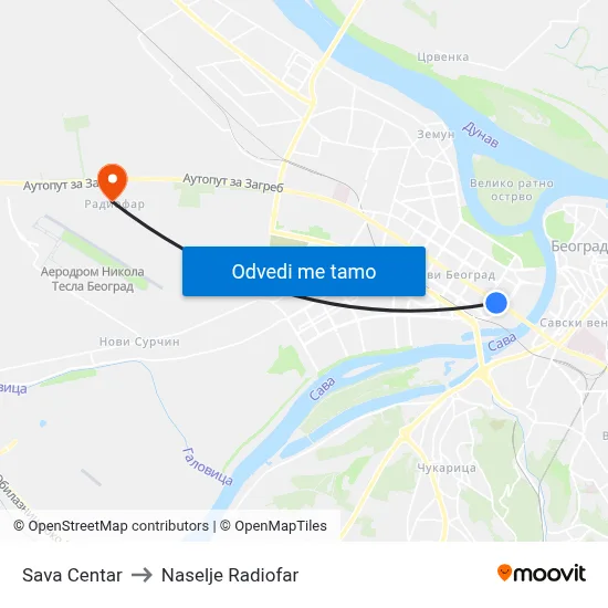 Сава Центар to Naselje Radiofar map