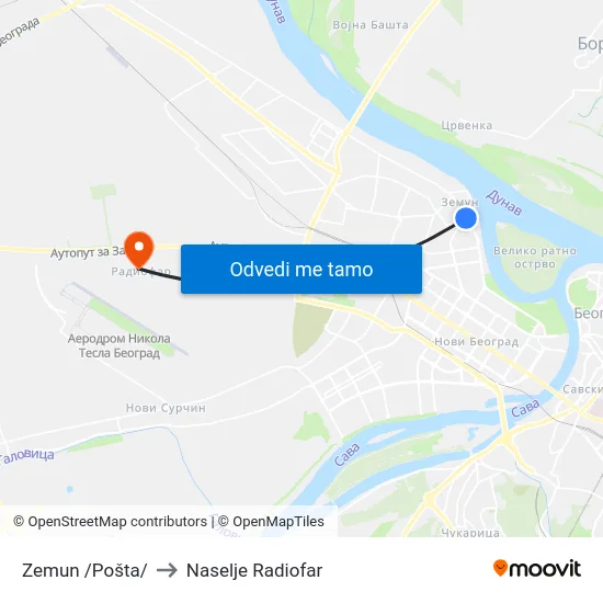 Zemun /Pošta/ to Naselje Radiofar map