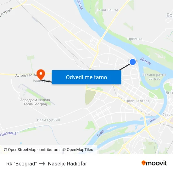 Rk "Beograd" to Naselje Radiofar map