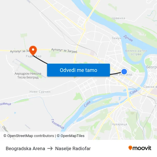 Beogradska Arena to Naselje Radiofar map