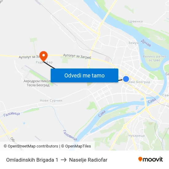 Омладинских Бригада 1 to Naselje Radiofar map