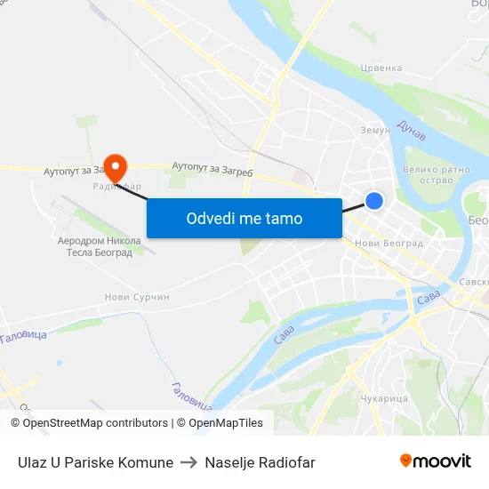 Улаз У Париске Комуне to Naselje Radiofar map