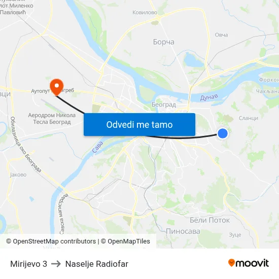 Mirijevo 3 to Naselje Radiofar map