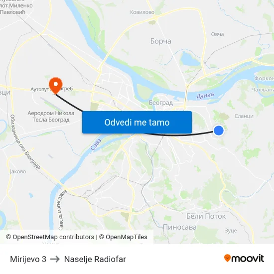 Mirijevo 3 to Naselje Radiofar map