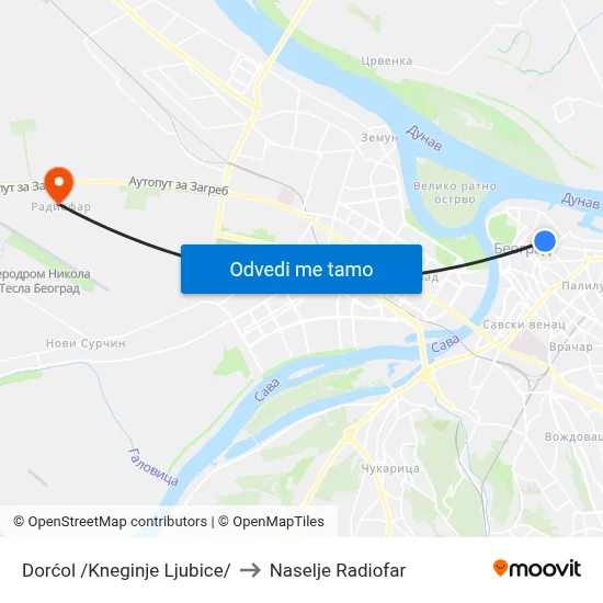 Dorćol /Kneginje Ljubice/ to Naselje Radiofar map