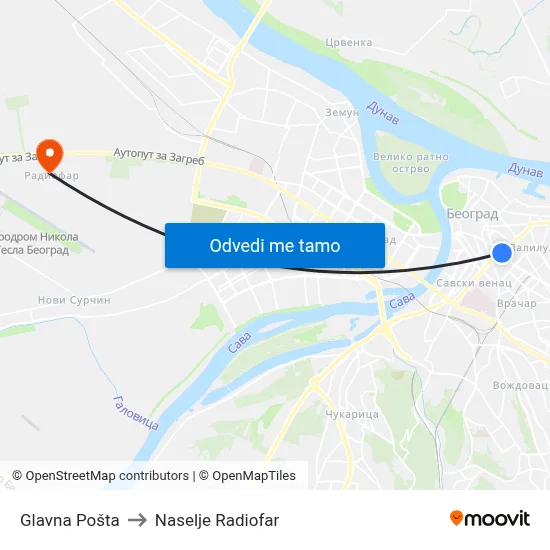 Glavna Pošta to Naselje Radiofar map