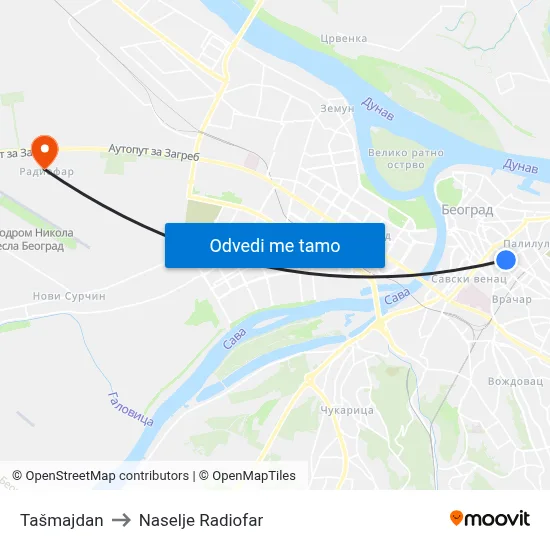 Tašmajdan to Naselje Radiofar map