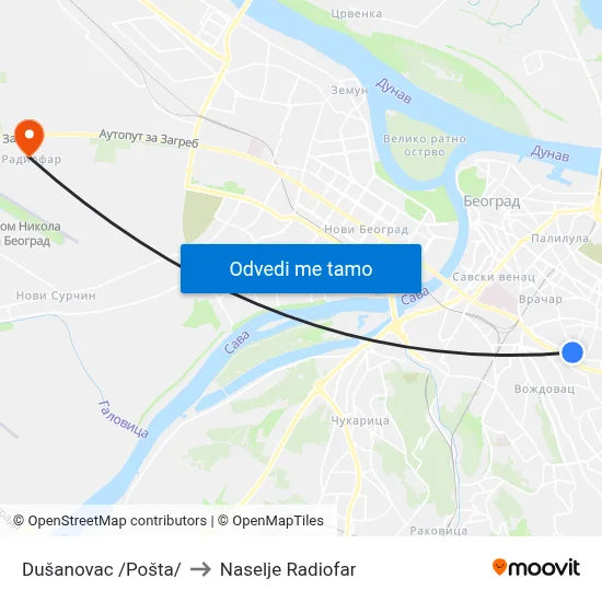 Dušanovac /Pošta/ to Naselje Radiofar map