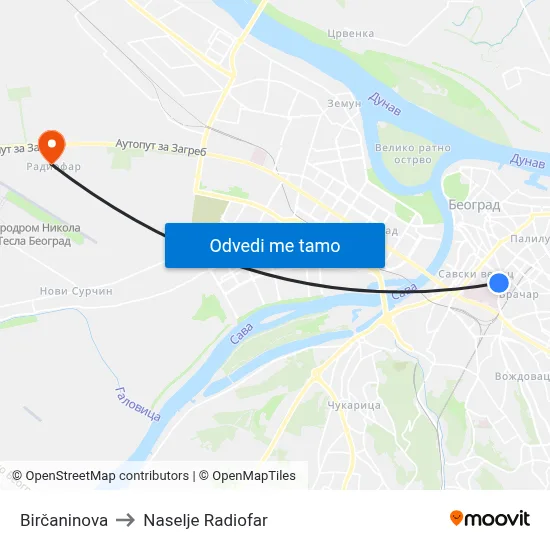 Birčaninova to Naselje Radiofar map
