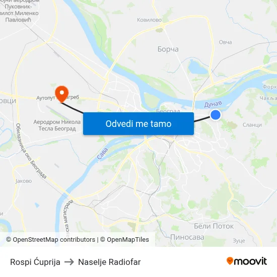 Роспи Ћуприја to Naselje Radiofar map