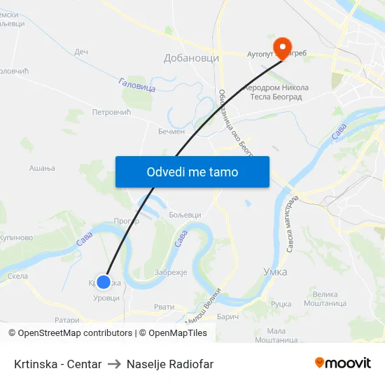 Krtinska - Centar to Naselje Radiofar map