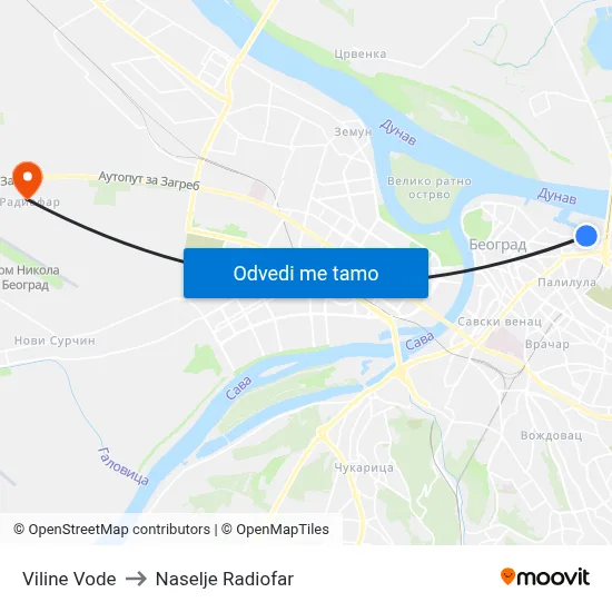 Viline Vode to Naselje Radiofar map