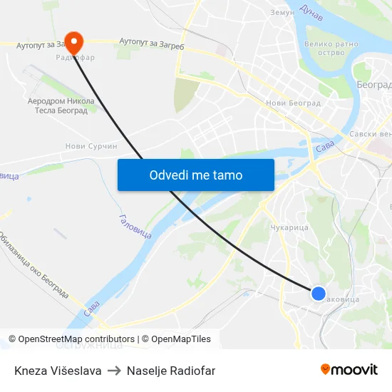 Кнеза Вишеслава to Naselje Radiofar map