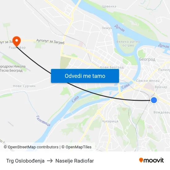 Трг Ослобођења to Naselje Radiofar map
