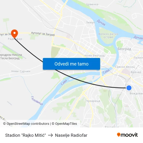 Стадион "Рајко Митић" to Naselje Radiofar map
