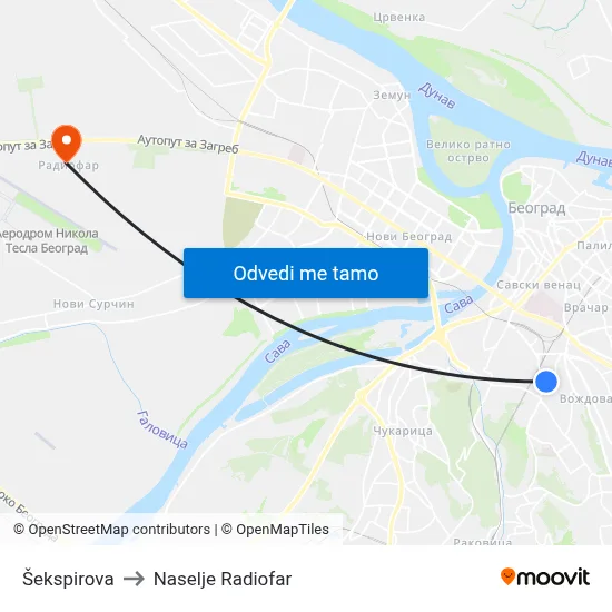 Šekspirova to Naselje Radiofar map