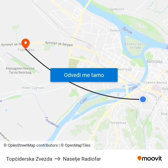 Topčiderska Zvezda to Naselje Radiofar map