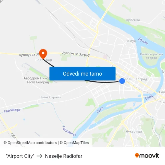 "Airport City" to Naselje Radiofar map
