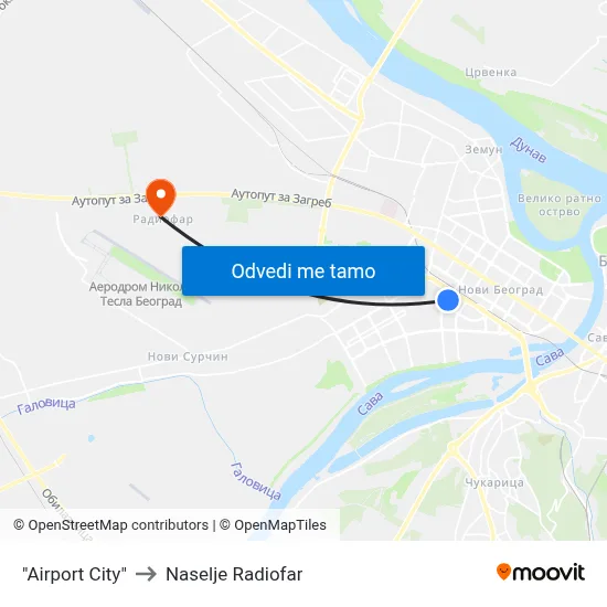 "Аирпорт Цитy" to Naselje Radiofar map