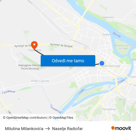 Milutina Milankovića to Naselje Radiofar map