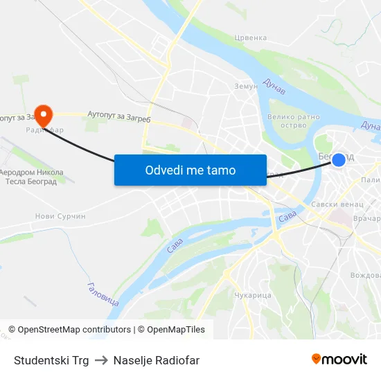 Studentski Trg to Naselje Radiofar map