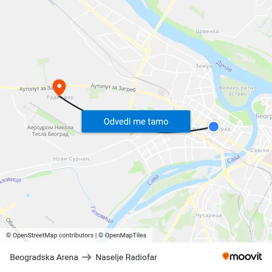 Beogradska Arena to Naselje Radiofar map