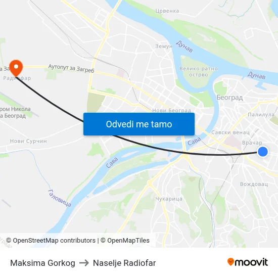 Maksima Gorkog to Naselje Radiofar map
