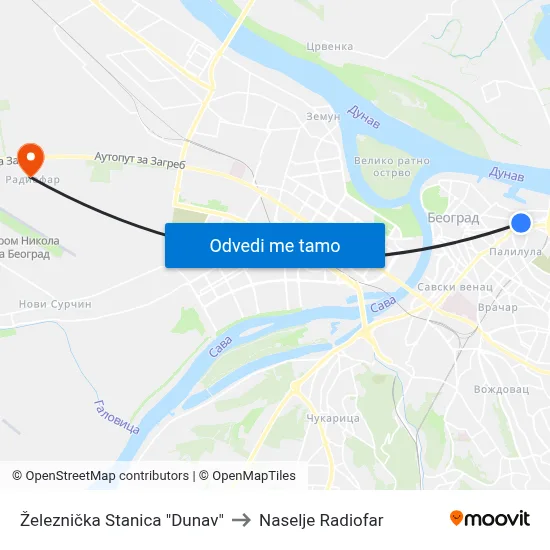 Železnička Stanica "Dunav" to Naselje Radiofar map