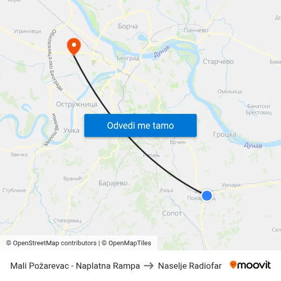 Mali Požarevac - Naplatna Rampa to Naselje Radiofar map