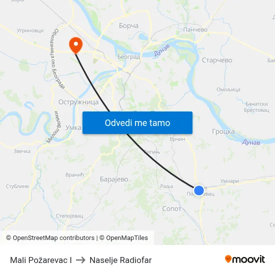 Mali Požarevac I to Naselje Radiofar map