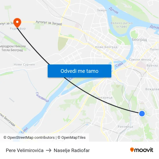 Pere Velimirovića to Naselje Radiofar map