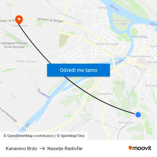 Kanarevo Brdo to Naselje Radiofar map