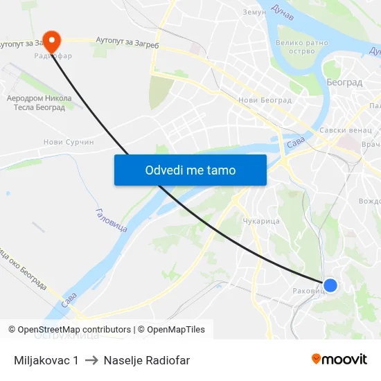 Miljakovac 1 to Naselje Radiofar map