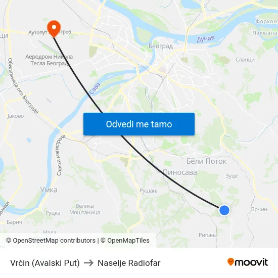 Vrčin (Avalski Put) to Naselje Radiofar map