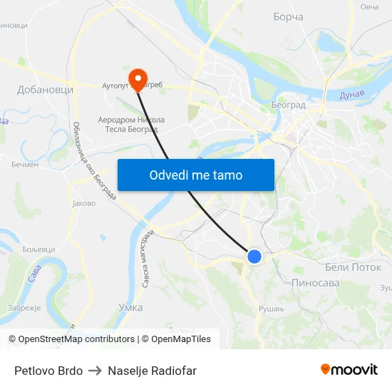 Petlovo Brdo to Naselje Radiofar map