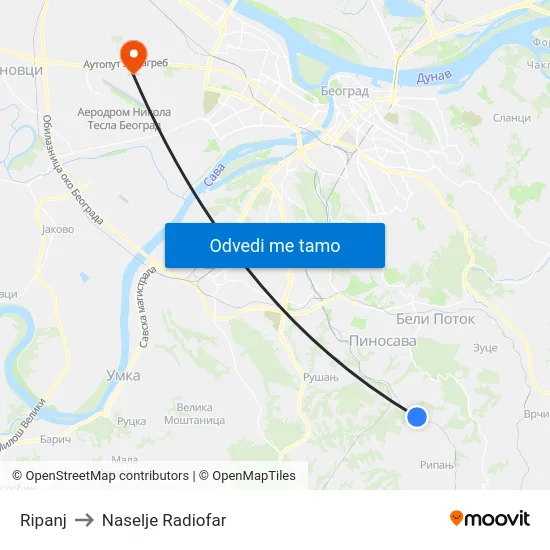 Ripanj to Naselje Radiofar map