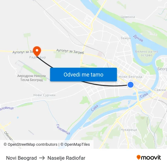 Novi Beograd to Naselje Radiofar map