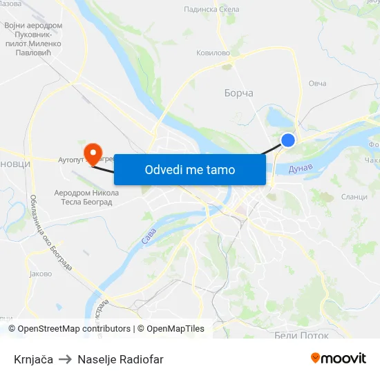 Krnjača to Naselje Radiofar map