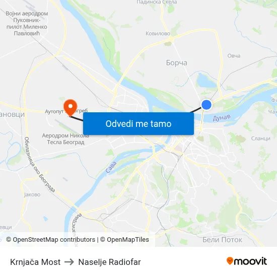 Krnjača Most to Naselje Radiofar map