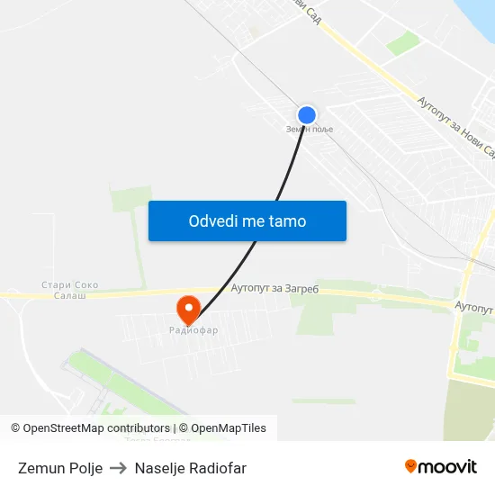 Zemun Polje to Naselje Radiofar map