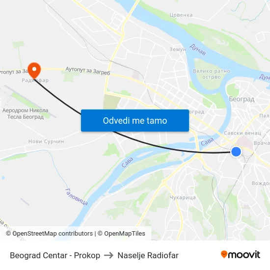 Beograd Centar - Prokop to Naselje Radiofar map