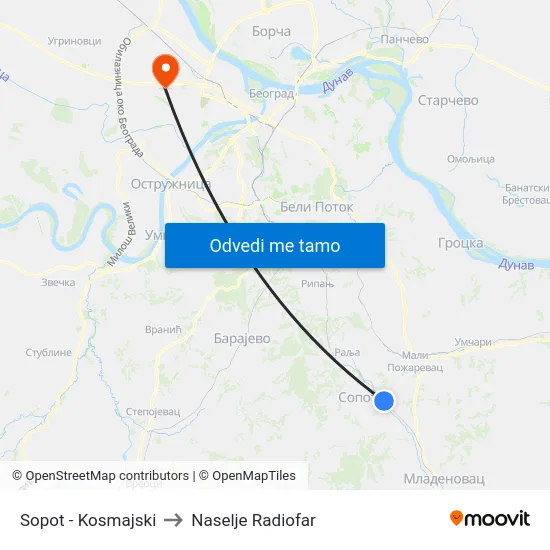 Sopot - Kosmajski to Naselje Radiofar map