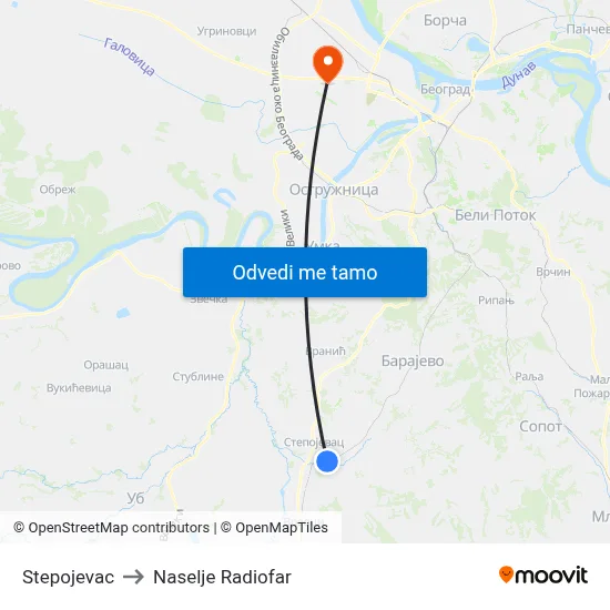 Stepojevac to Naselje Radiofar map